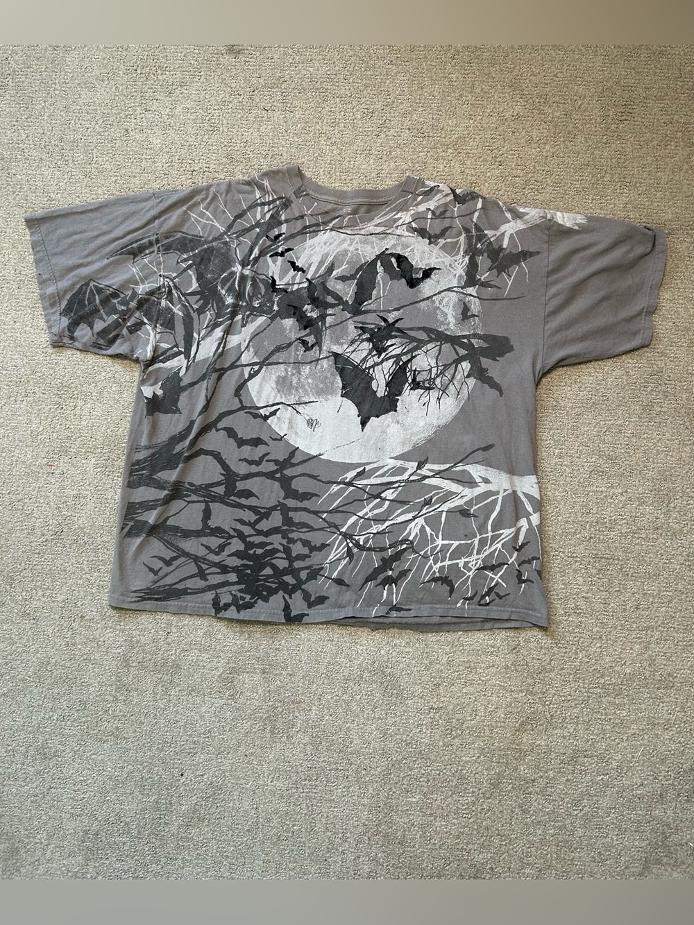 Y2K Bat Moon Graphic T Shirt XXL Goth Horror AOP All Over Print Tee Gray Skater